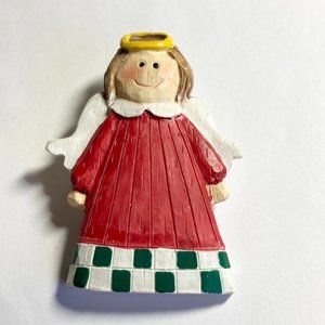 Vintage Christmas Angel Pin Brooch Red Green White Resin Halo Painted Wings